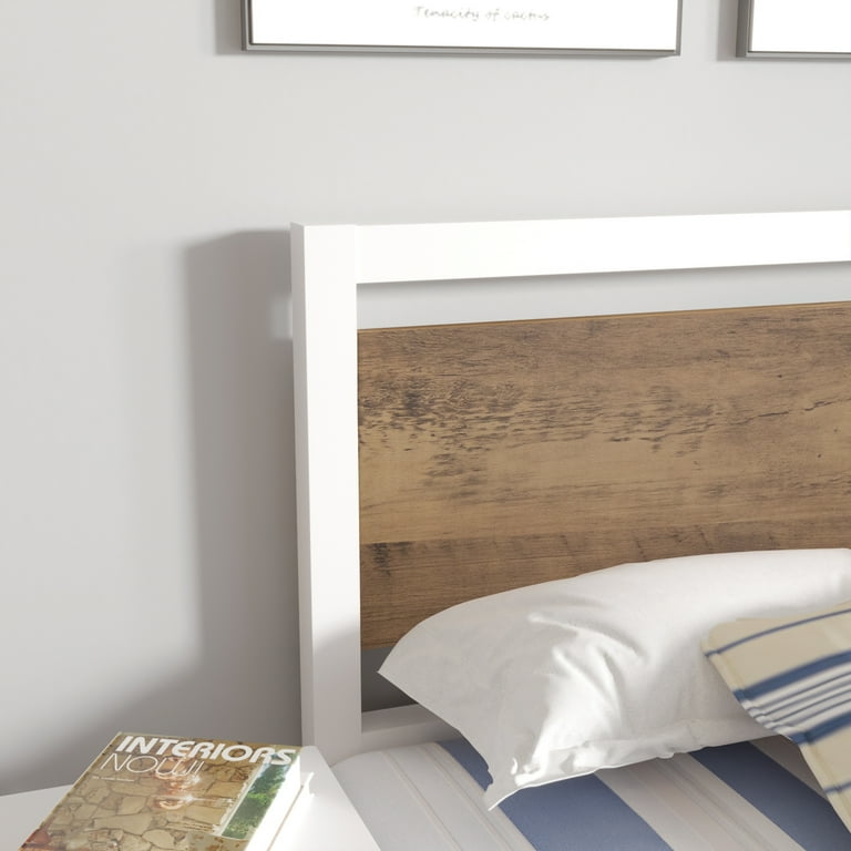Full Platform Metal Bed Frame with Wooden Headboard and Footboard Rustic Country Style Mattress Foundation White Brown