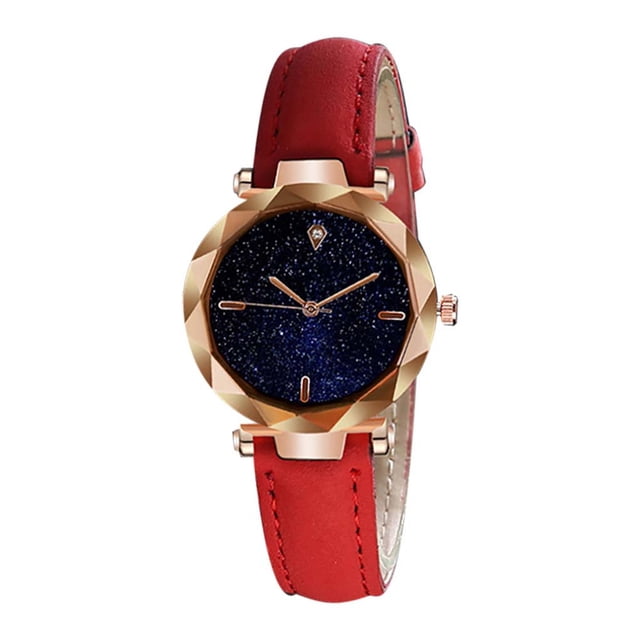 Simple And Stylish Luxurious Starry Dial Convex Mirror Leather Strap Watch