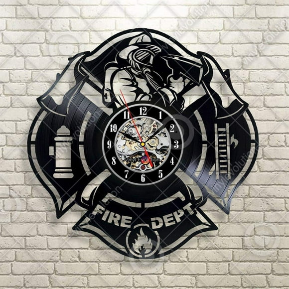 Kovides Fire Dept Wall Art Retro Vinyl Record Clock Vintage Wall Clock Fireman Profession Dangerous Wall Decals Idea for Him Fire Department Wall Sticker Firefighter Clock