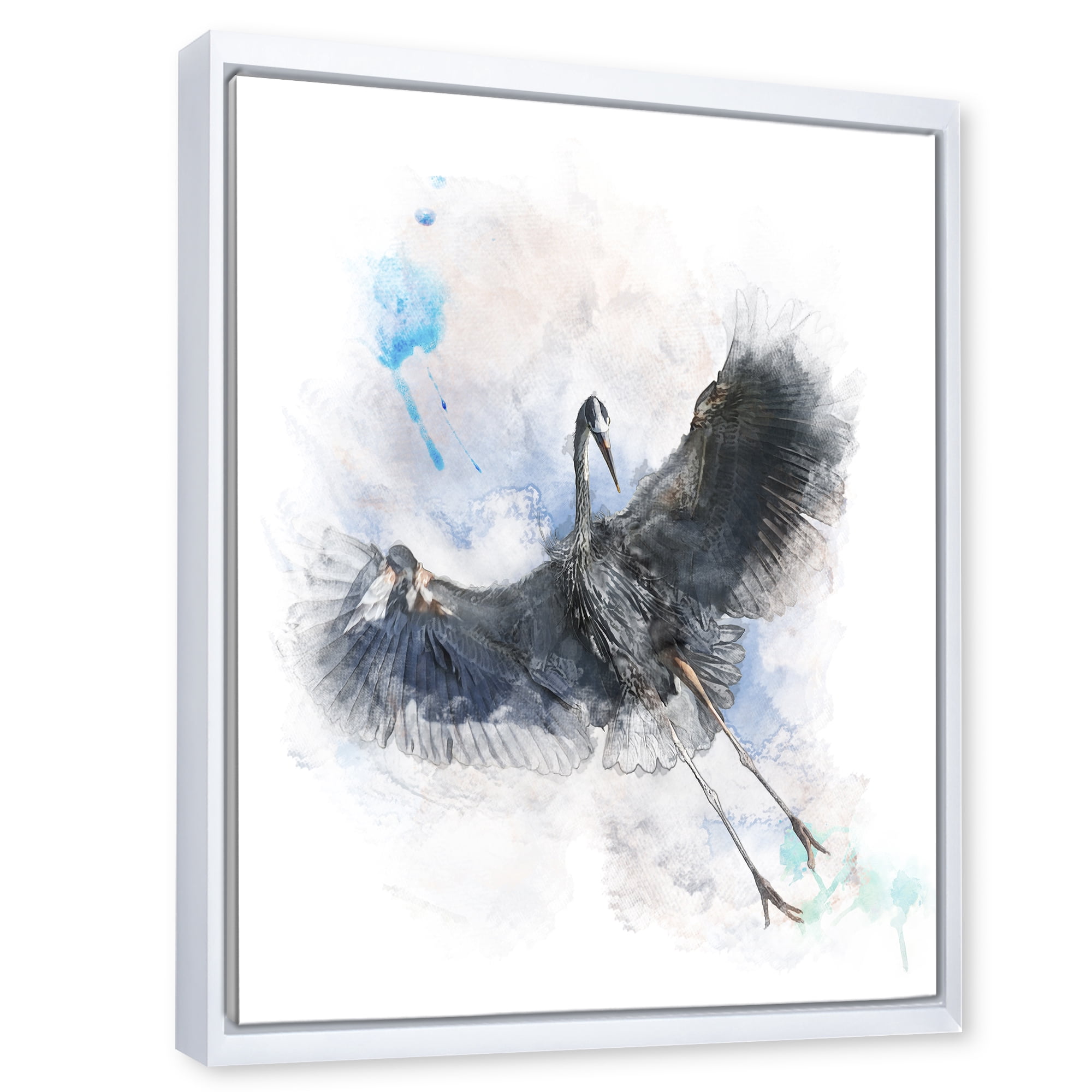 Designart 'Great Dark Blue Heron Bird Illustration' Farmhouse Framed Canvas Wall Art Print