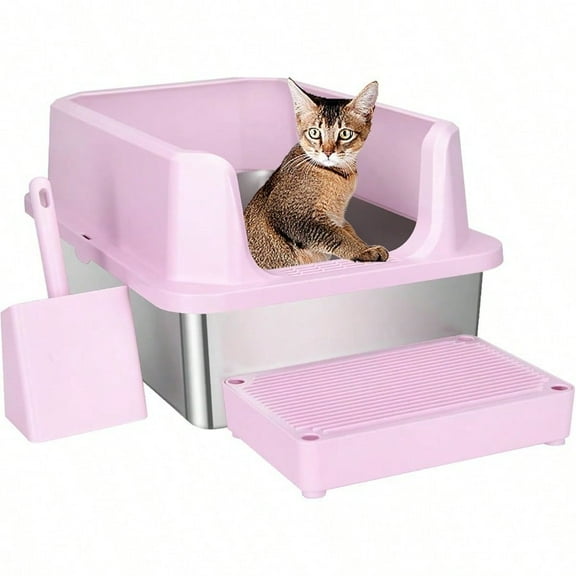 Stainless Steel Cat Litter Box SemiEnclosed Litter Box With Top Holes Large Litter Pan For Small To Large Sized Cats Light Pink 23.8 L16 W12 H