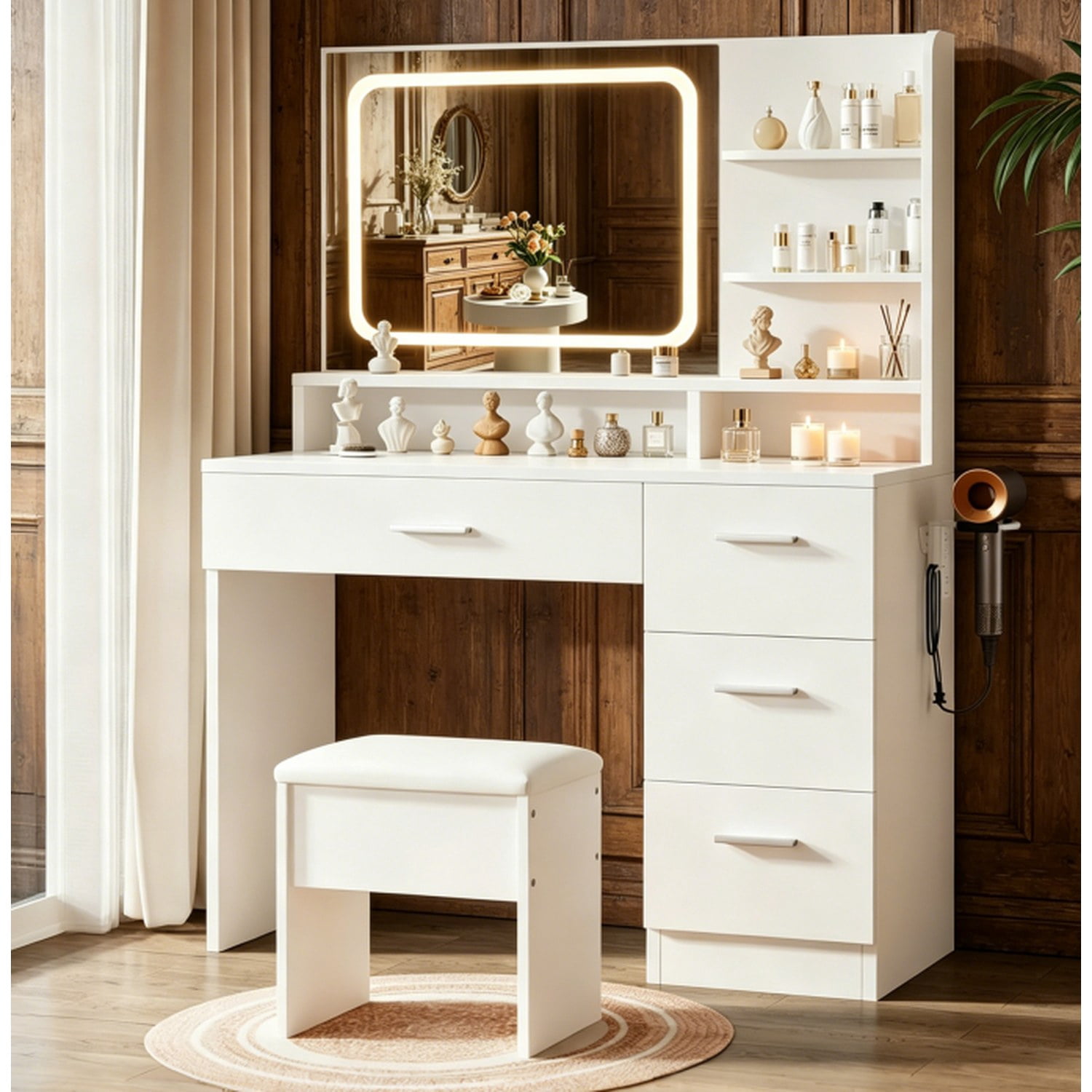 Elegant Vanity Includes Lighted Mirror And Storage Drawers; White Makeup Table For Women; Suitable For Various Settings Including Bedrooms, Living Rooms, And Dorms