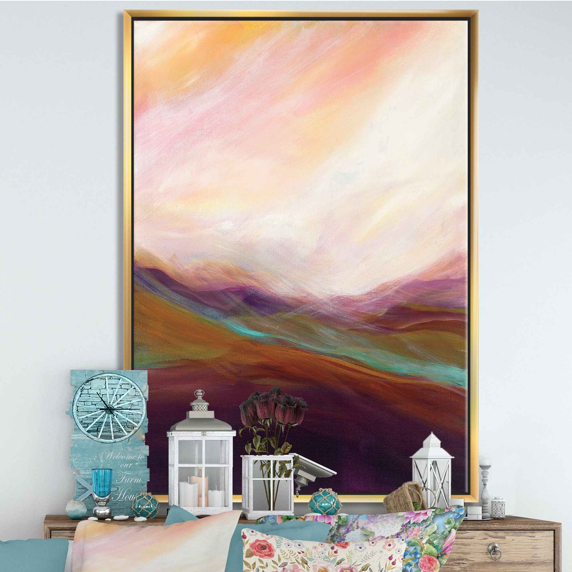 Designart ' Abstract Desert Dunes Watercolor Orange Yellow ' Cottage Framed Canvas