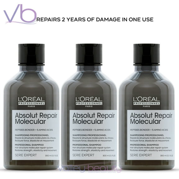 L’Oreal Absolut Repair Molecular Shampoo | Sulfate-Free Hair Structure Repair System, 300ml (Pack of 3)