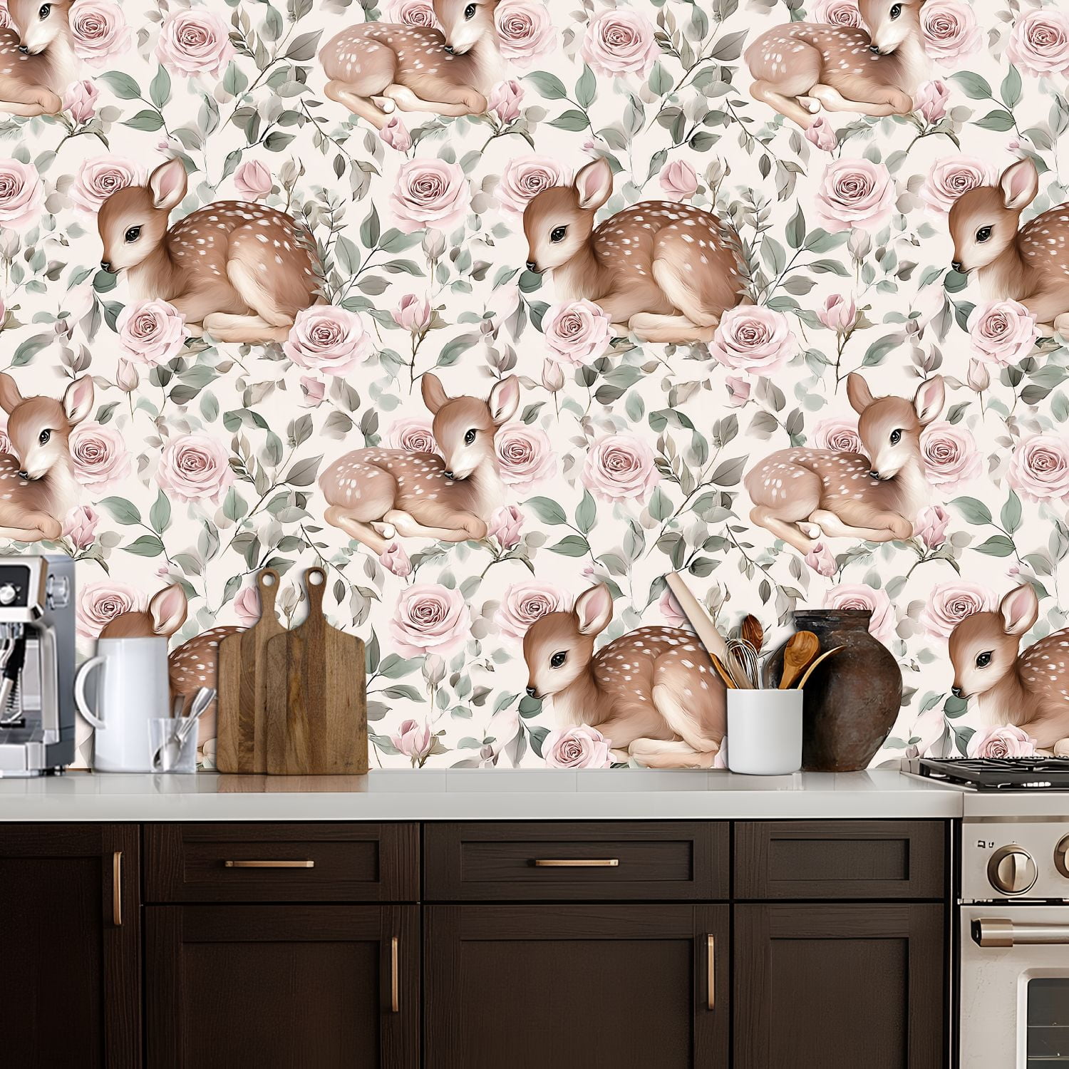 Farmhouse Peel and Stick Wallpaper 17.7in x 9.8ft Baby Deer Fawn Floral Pink Roses Soft Pastel Contact Paper Vinyl Waterproof Self Adhesive Wall Paper for Bedroom Shelf Cabinet Renter Friendly
