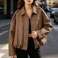 thumbnail image 5 of Edvintorg Jackets for Women Drop Shoulder Cropped Leather Jacket Gathered Hem Oversized Batwing Sleeve Zip up Short Coat with Pocket Women Clothing S-L Bronze, 5 of 6
