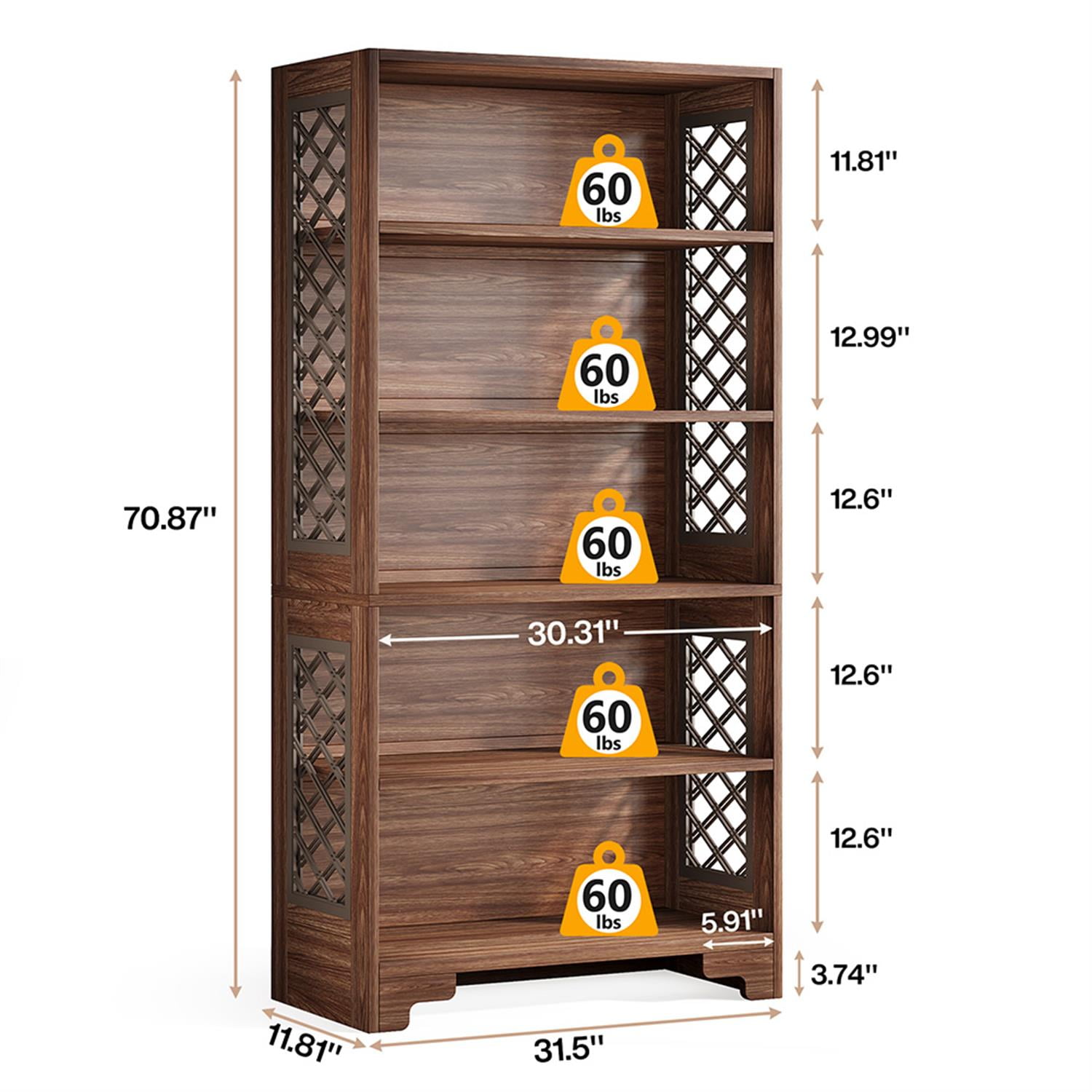 Demi Bonn 6 Tier Bookcase with Storage Drawer, Wood Bookshelf Storage Organizer, 71" Tall Display Standing Shelf Unit for Bedroom, Living Room, Brown