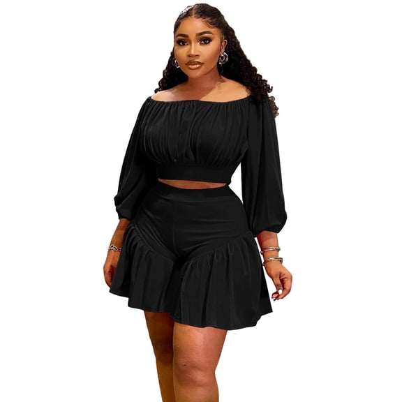 AURA Women Plus Size Two Piece Set Casual Long Sleeve Top Shorts Lounge Outfit