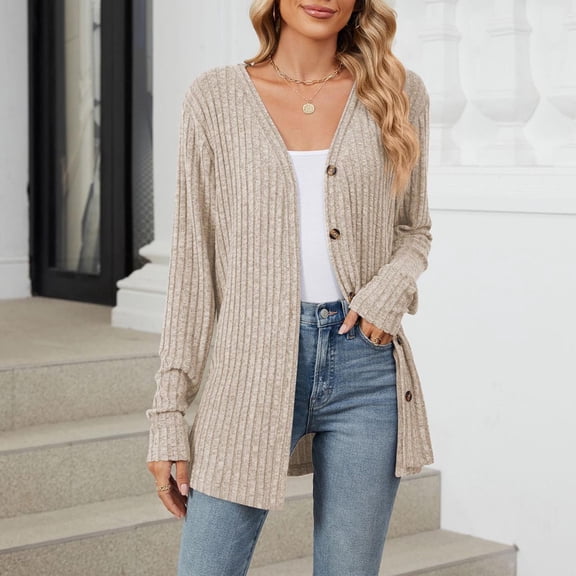 Meichang Womens Cardigan Sweaters Lightweight Open Front Button Ribbed Knit Cardigans V Neck Long Sleeve Fall Sweater Cardigan