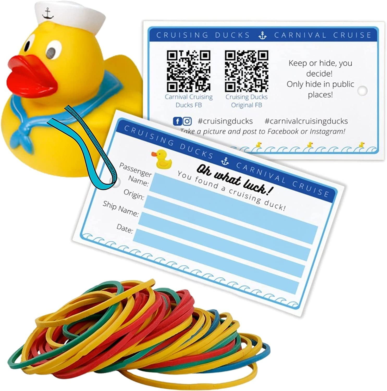 60 Pack Cruising Ducks Tag & Rubber Bands Double Sided with Facebook QR