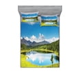 thumbnail image 2 of Landscape Bedding Set with Sheet & Covers, Mountain Woodland Forest and Lake in Sunny Cloudy Sky Summer Nature, Printed Bedroom Decor 2 Shams, 4 Sizes, Green Blue White, by Ambesonne, 2 of 3