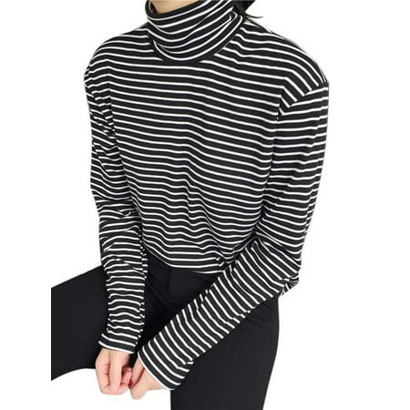Funcee Women Turtleneck Striped Blouse Lady Slim Long Sleeve Tops T-shirt Tee
