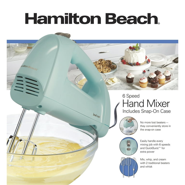 Hamilton Beach 6 Speed Hand Mixer with QuickBurst Includes Snap On Storage Case and 3 Attachments Blue 62700 Walmart