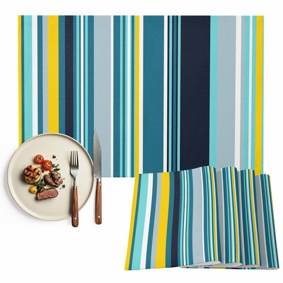 Placemats Set of 6, Blue Stripes Place Mats Boho Style Lines Striped Tablemats Washable Placemat Table Decoration for Kitchen Table Dinner Party Home Decor Indoor Outdoor 13x19 Inch