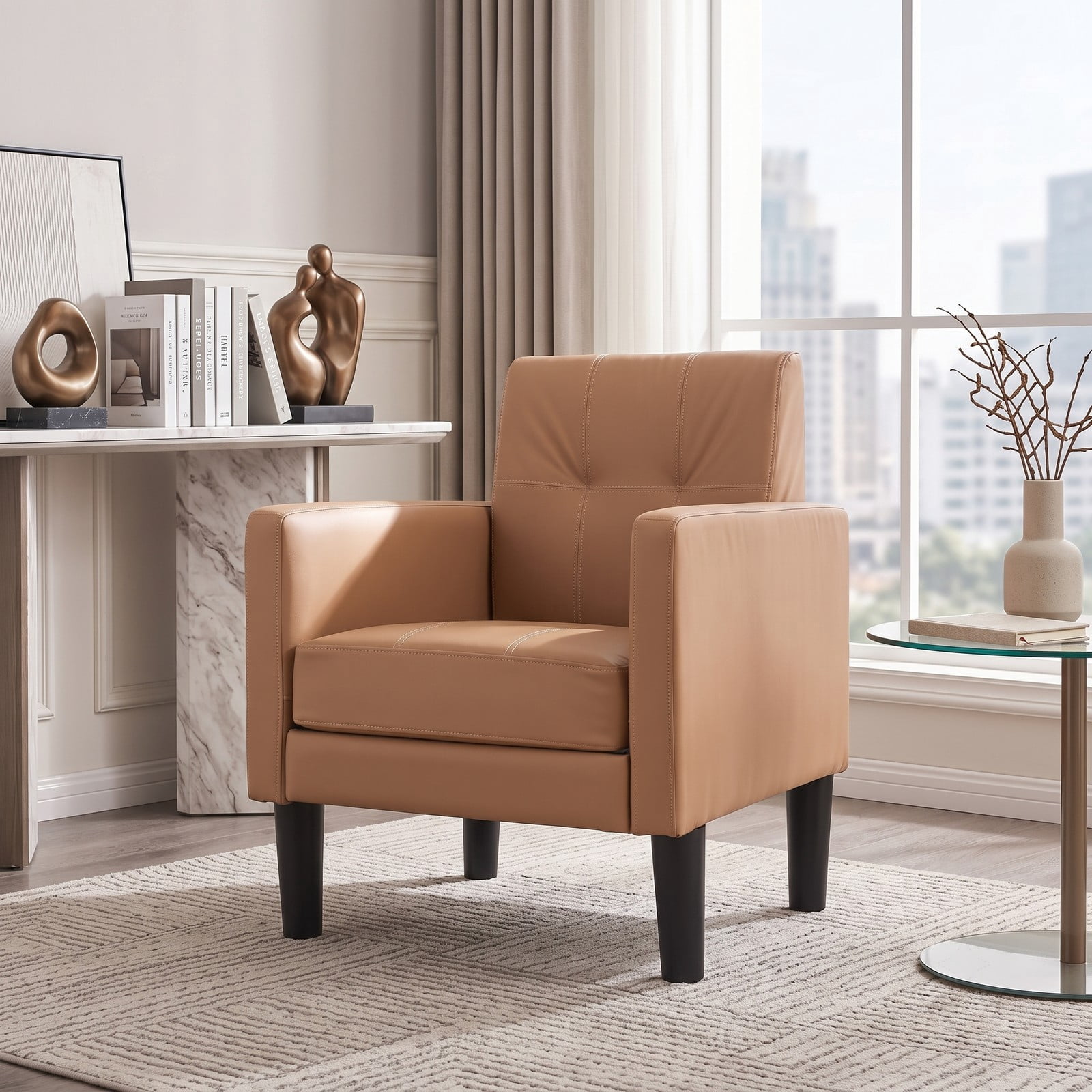 Furnibear PU Leather Modern Accent Chair with Removable Padded Seat Cushion, Ergonomic Upholstered Armchair with Wide Backrest and Plywood Frame for Living Room, Brown