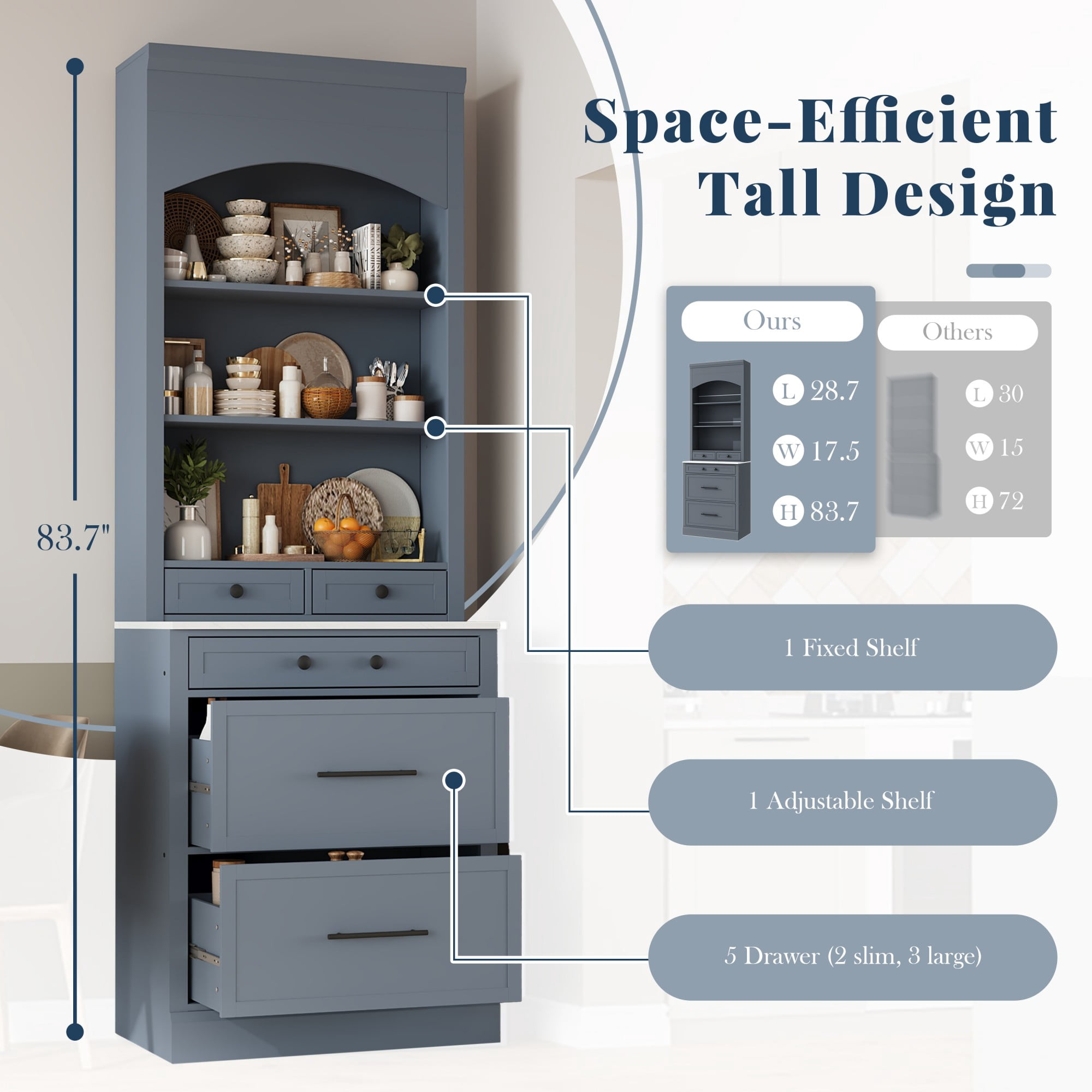 Modern 83.7inch High Kitchen Pantry, Freestanding Tall Kitchen Hutch with Faux Marble Top, Display Cupboard Cabinet with 5 Storage Drawers and Adjustable Shelf (Gray)