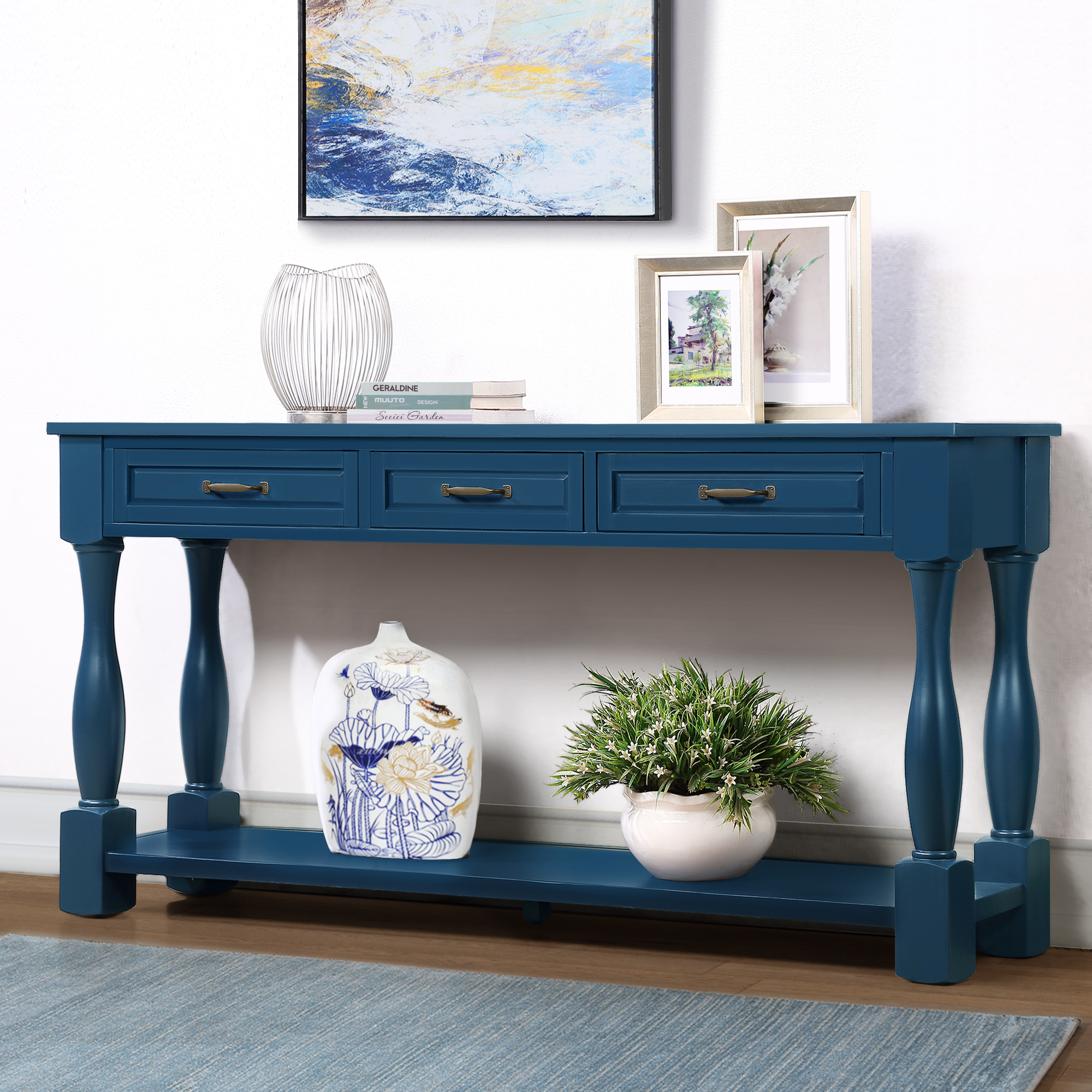 Leumius 63In Long Wood Console Table with 3 Drawers and 1 Bottom Shelf for Entryway Hallway (Navy Blue)