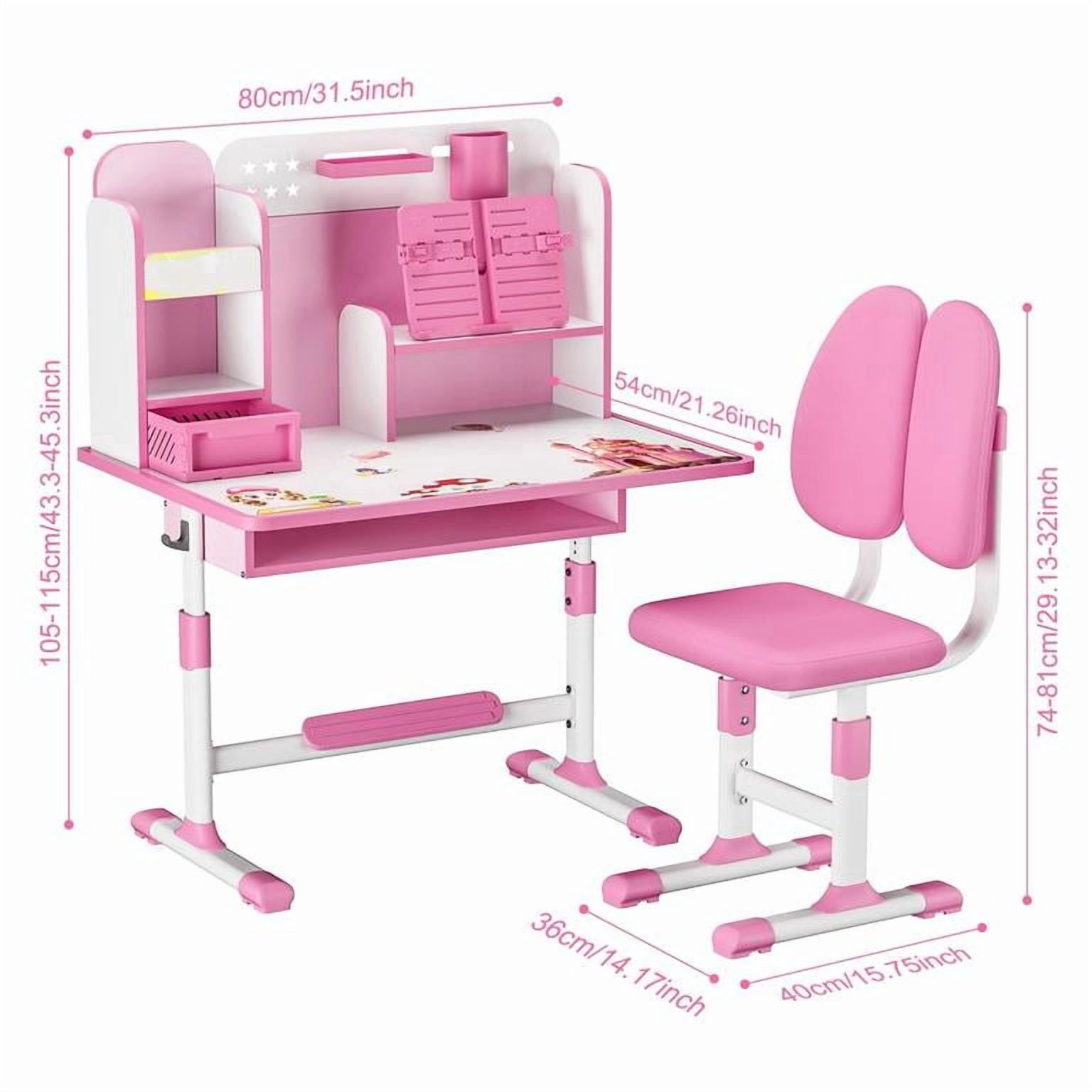 YNCE 【US Shipped】 Kids Functional Desk and Chair Set, Ergonomic Height Adjustable Children School Study Desk with Book Stand, Storage Drawer and Metal Hook for Boys Girls