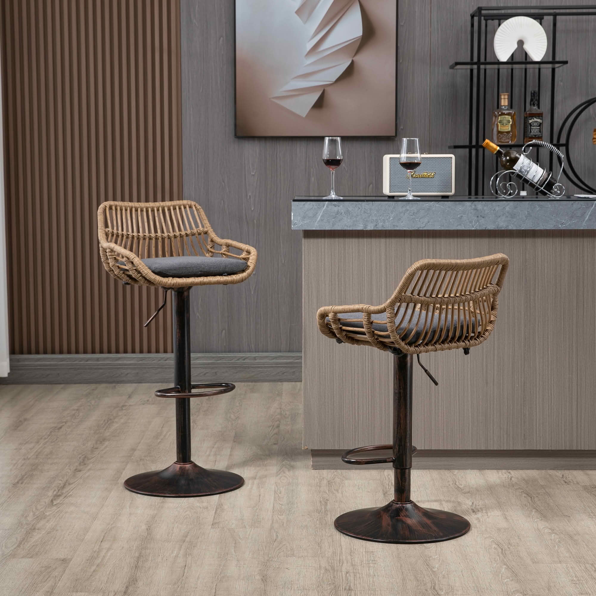 MAYEERTY Swivel Bar Stools Set of 2, Adjustable Height Chairs with Footrest, Linen and PE Rattan Back, Gray