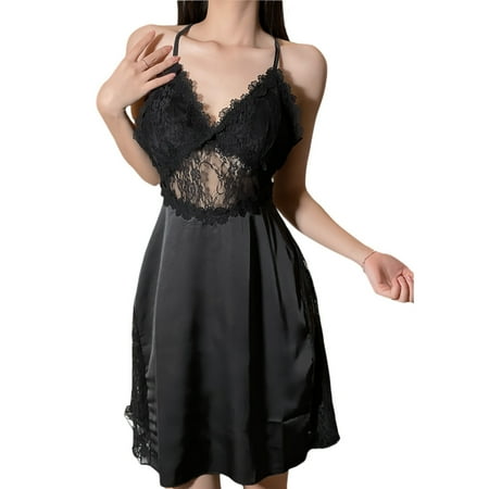 Ltctricy Women s Nightgown Lace Hollow out V Neck Satin Slip Dress Lingerie Comfy Soft Chemise Pajama Dress