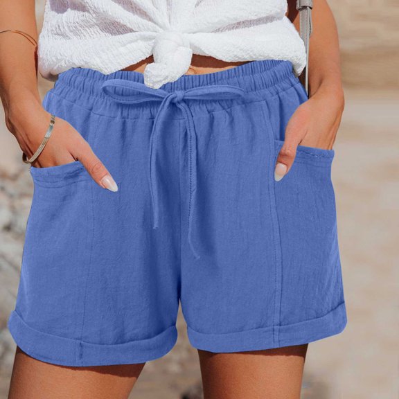 Conairie Womens Workout Shorts Casual Loose Elastic High Waisted Running Shorts Drawstring Breathable Summer Lounge Shorts with Pockets Blue L