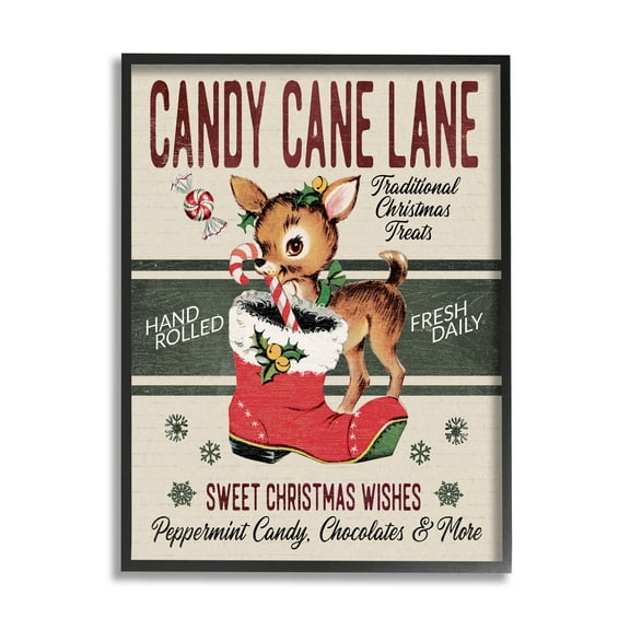 Candy Cane Lane Vintage Reindeer Boot Holiday Graphic Art Black Framed Art Print Wall Art