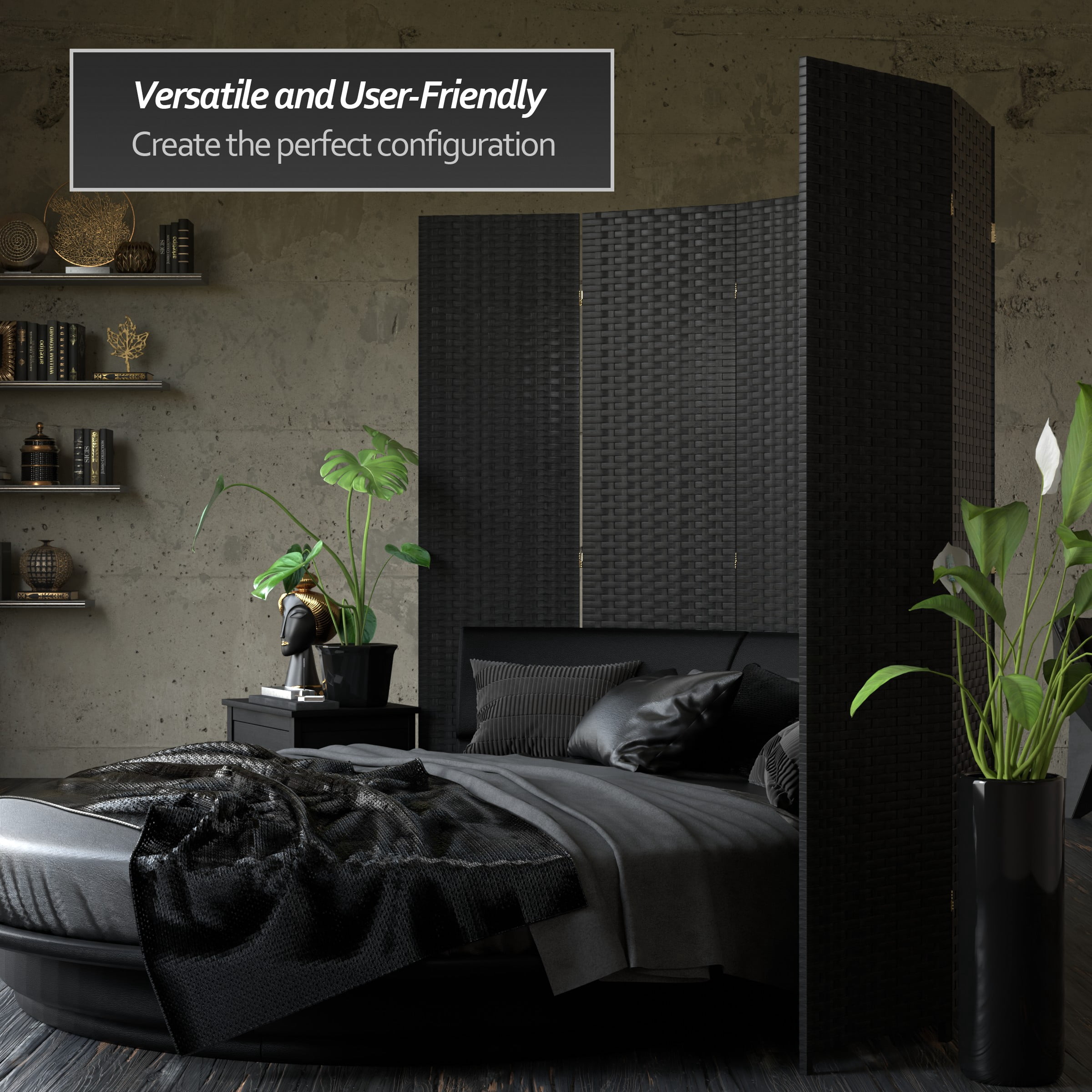 Red Lantern 7 ft. Tall Woven Fiber Folding Screen - Black - 6 Panel