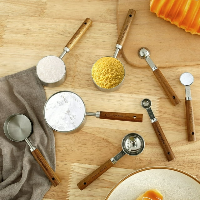 8Pcs Measuring Cup and Spoon Set Stainless Steel Cup Measurement Set with Wooden Handle Portable Measuring Spoons Set Reusable Measuring Cup Spoons Kitchen Measuring Tools for Kitchen Hom