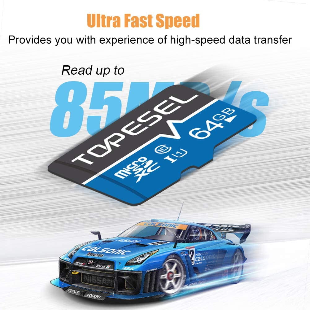 2 Pack 64GB microSDXC with Adapter TOPESEL Micro SDXC TF Card Class 10 UHS-I Memory Cards for Camera Phone Drone Dash Cam Blue