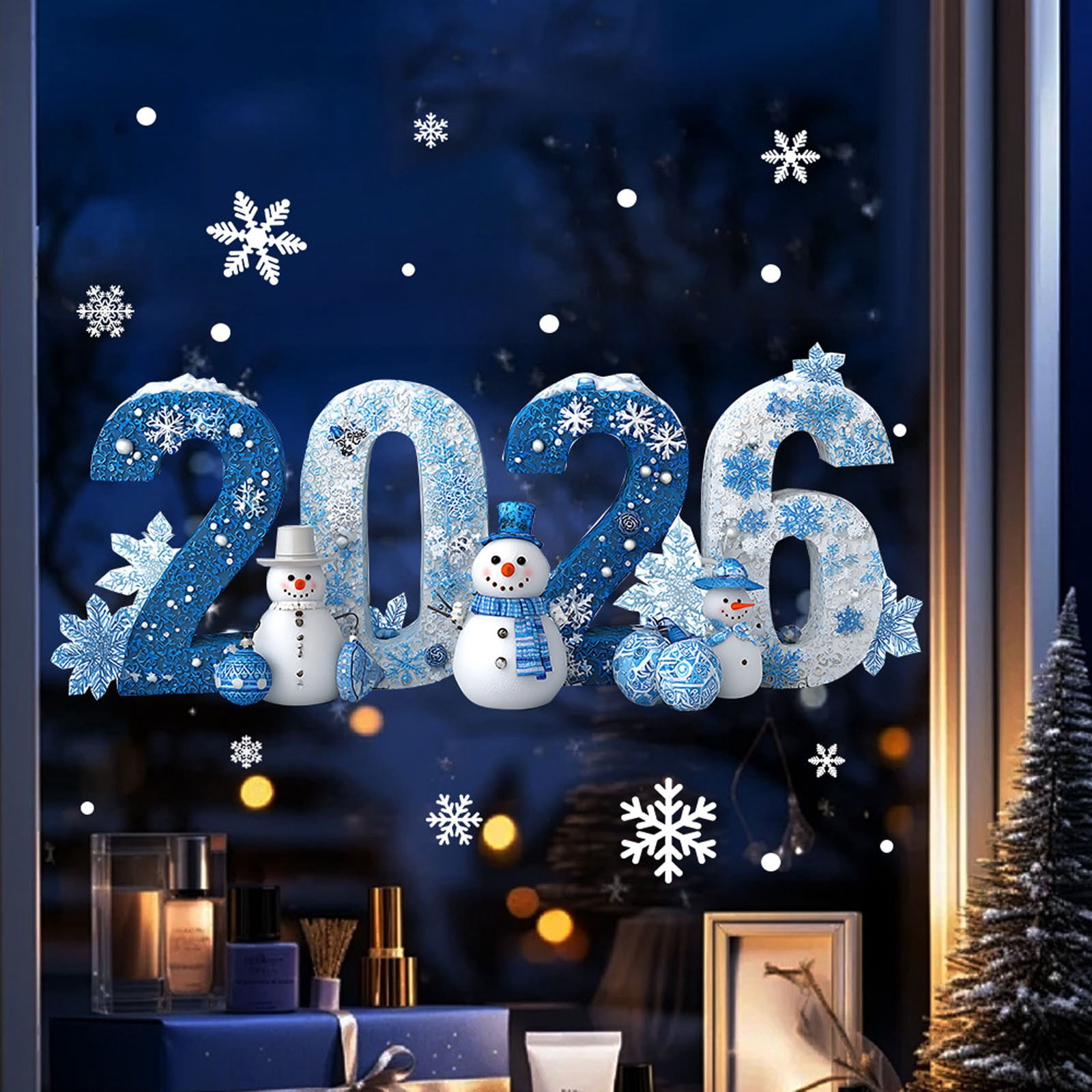 Autocollants Fenêtre Hiver Noël 2026 - Bonhomme De Neige Flocons - Statique Réutilisable - 60x40 Cm - Déco Maison Magasin