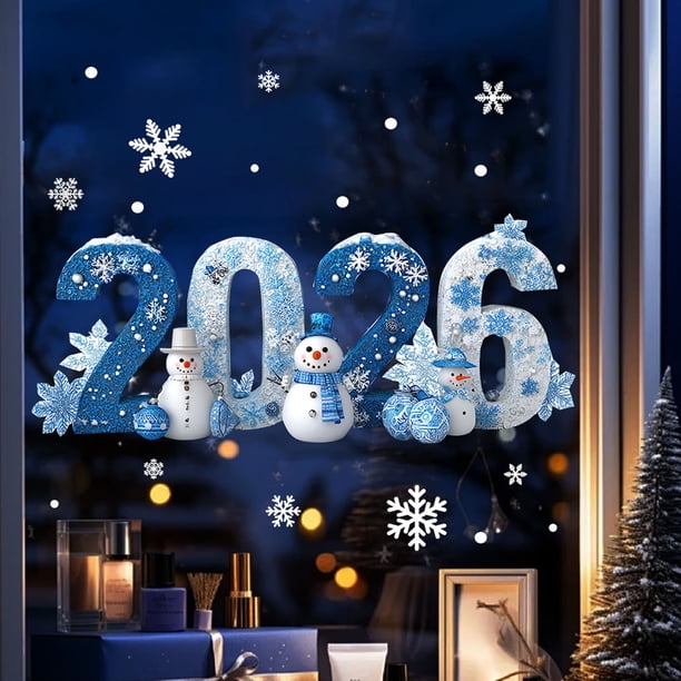 Pegatinas navideñas de copos de nieve para ventana 2026 | Calcomanías navideñas de PVC extraíbles con diseños de muñecos de nieve y árboles de Navidad | Película transparente festiva para decoración