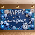 thumbnail image 5 of Blue Silver Theme Happy New Year Banner Metallic Balloons New Year Display Star Decorations Firework Elements Festive Backdrop for New Year Party Holiday Celebration Indoor Decoration, 5 of 8