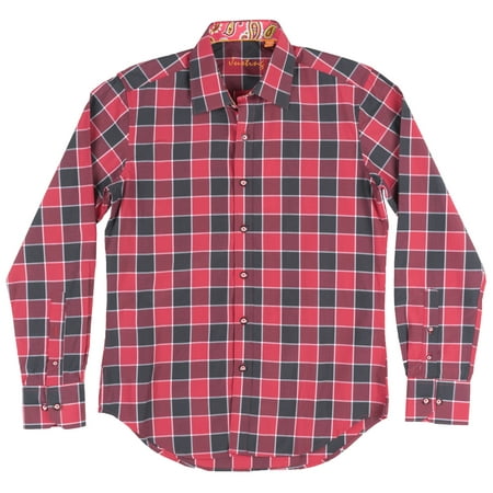 - Checkered Button Down Long Sleeve Woven Justing Collared Shirt Mens Red/Black