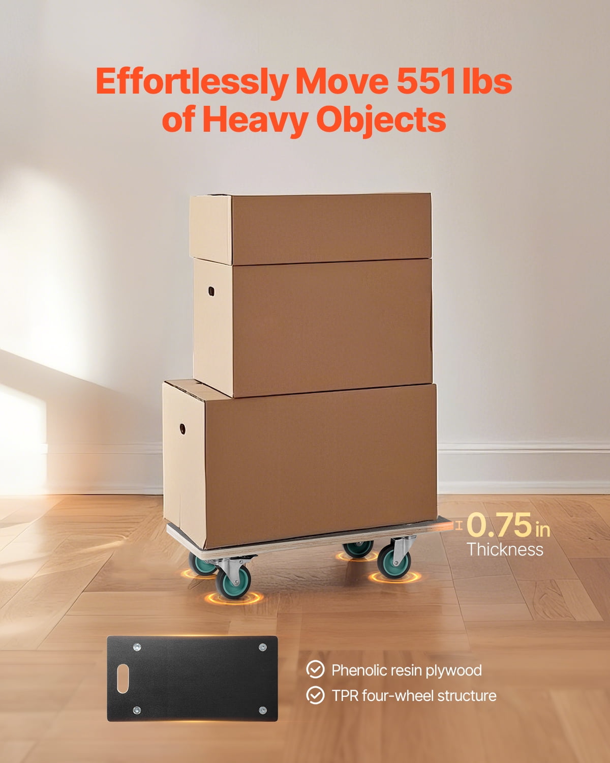 VEVOR Furniture Dolly, 551 lbs Load Capacity, Furniture Moving Dollies with 4 TPR Silent Wheels, Rectangle Multifunctional Flat Dolly for Piano Furniture Couch Washing Machine Fridge, 2 Pack, Black