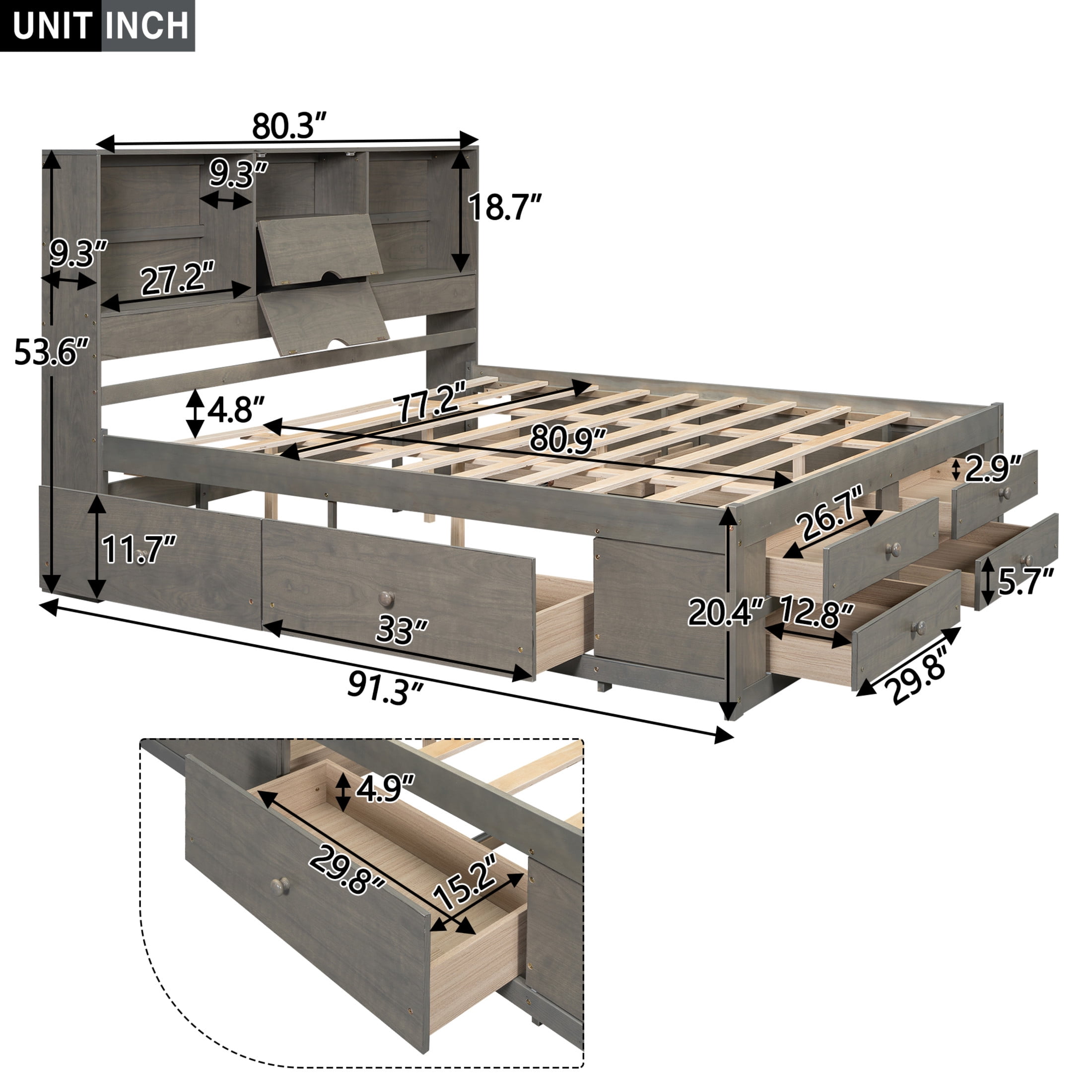 Noble House Solridge King Size Platform Bed with Bookcase Headboard and Storage Drawers, Solid Wood Frame, Gray