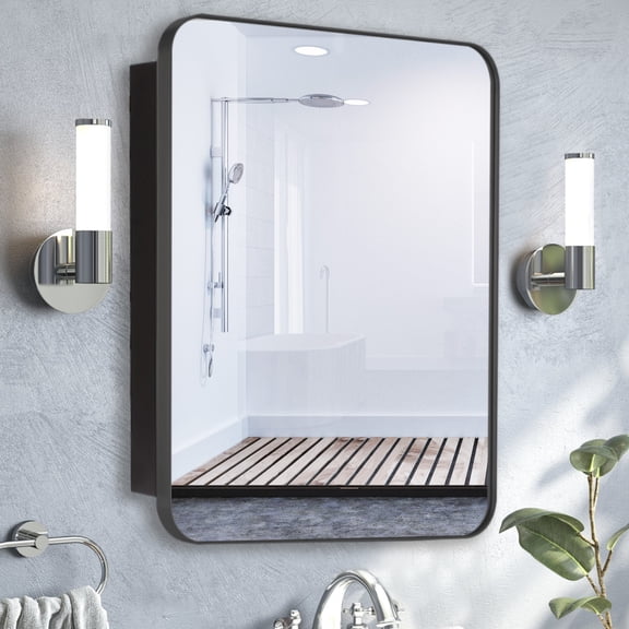 FUMANGO 20x30 Inch Black Metal Frame Wall Mounted Recessed Bathroom Medicine Cabinet with Mirror, Rounded Rectangular Medicine Cabinet