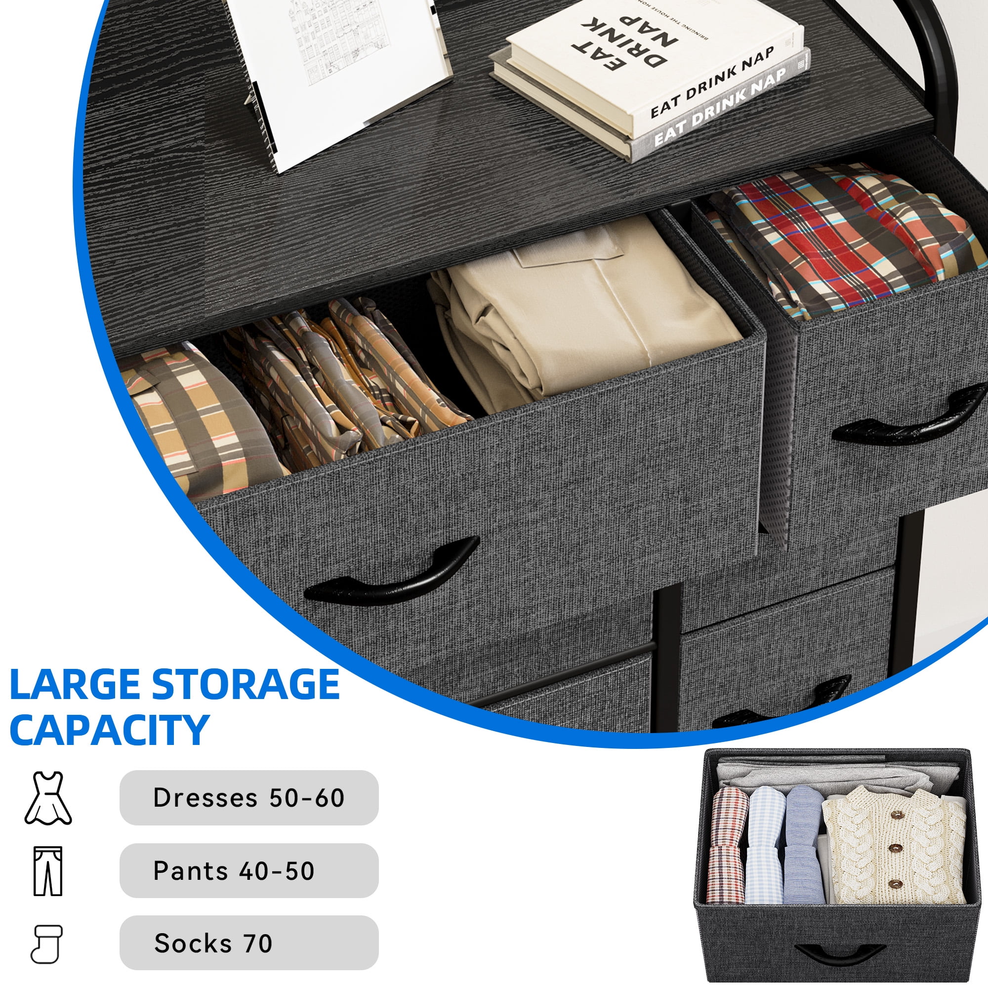 Uforic Fabric Storage Dresser with 7 Drawers Steel Frame & Wooden Top for Bedroom, Living Room, Hallway & Closet Black Gray