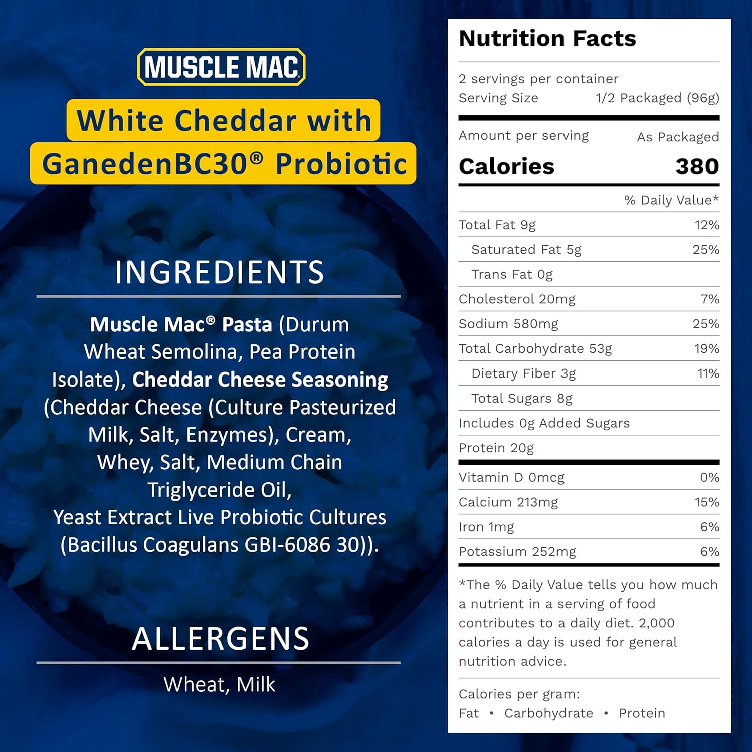 Muscle Mac PRO High Protein Macaroni & Cheese with MCT Oil & Probiotics, Real White Cheddar, 20g Protein per Serving