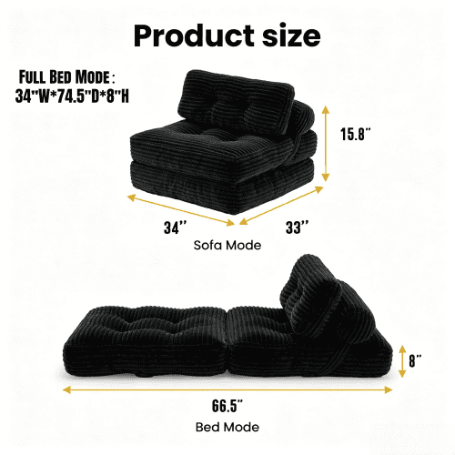 Folding Sofa Bed, Convertible Chair with Pillow & Back Support, Portable Fold Out Couch for Living Room, Bedroom, Dorm, Black