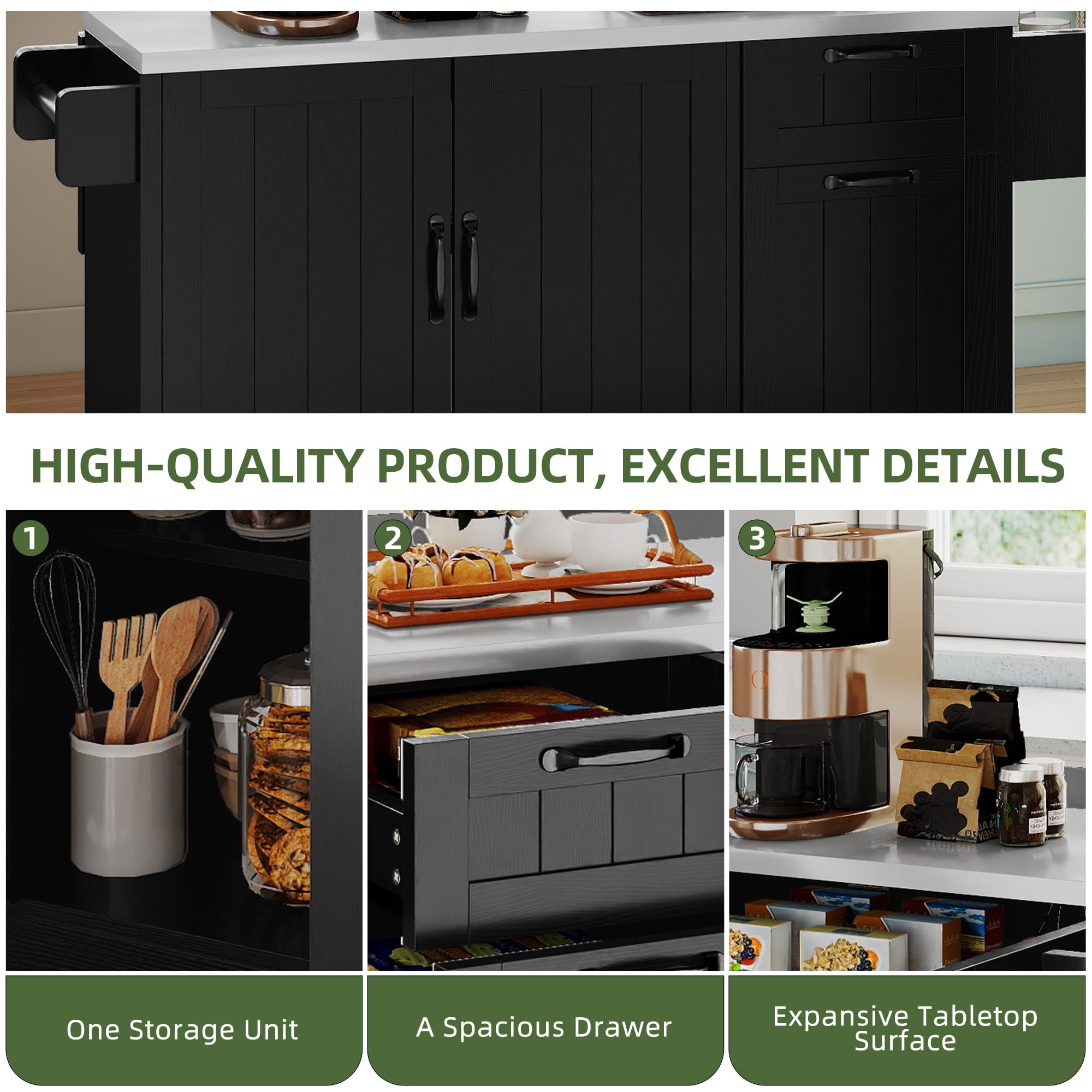 Uforic Kitchen Island Table with Stainless Steel top & Storage, Kitchen Island with Drop Leaf, Black