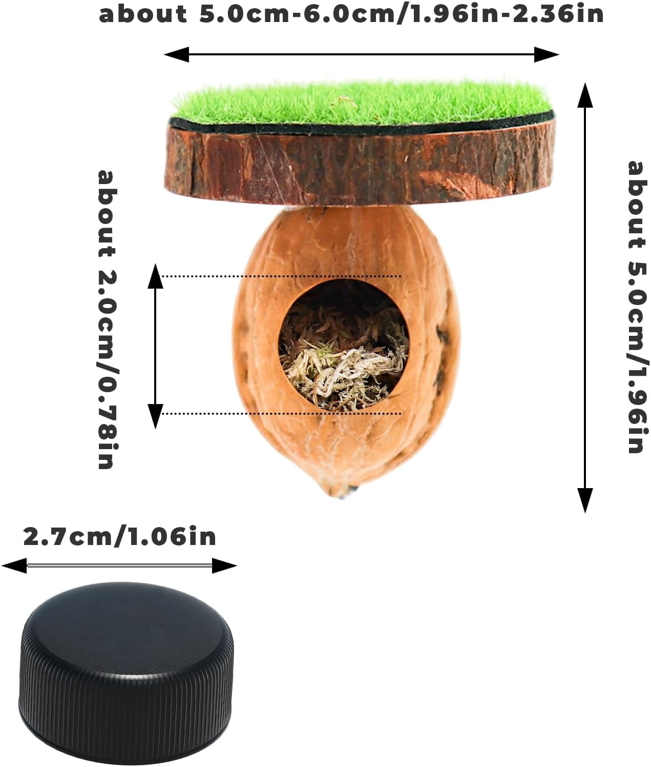2 Pack Jumping Spider Enclosure Accessories, Magnetic Walnut Hide with Wooden Platform, Plastic Grass Topper, Spider Hideout with Moss for Terrariums
