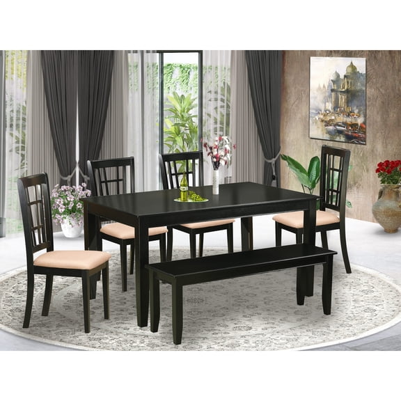 East West Furniture 6 Piece Dining Table Set- a Rectangle Wooden Table and 4 Dining Chairs with a Bench, Black (Seat Options) DUNI6-BLK-C