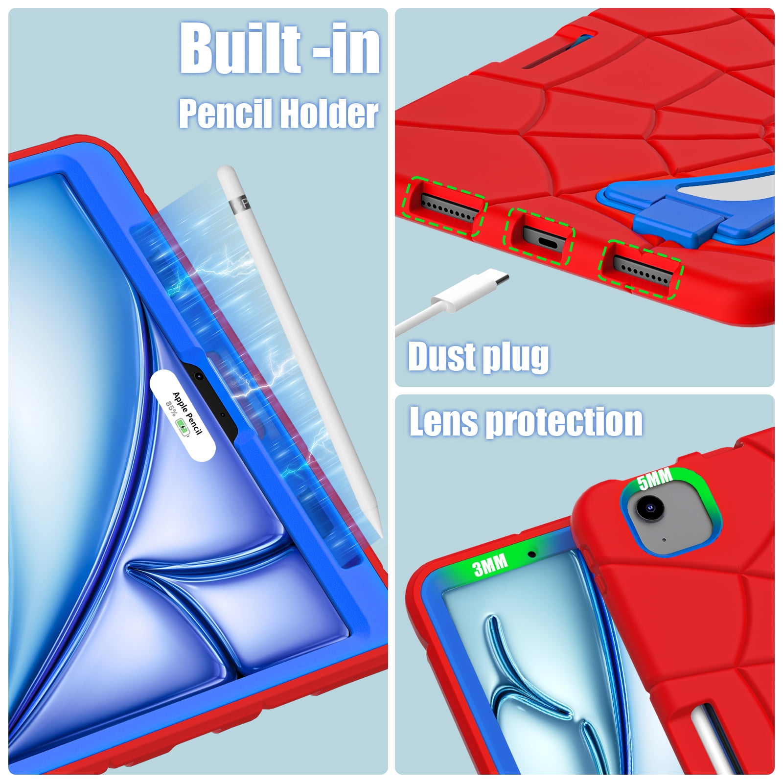 Allytechgroup iPad Pro 11 2024 Case, Cute Stylish Design Kids Friendly Rugged Kickstand Lightweight Silicone PC Case with Pencil Holder for Apple iPad Pro 11 Inch 2024, Red+Blue