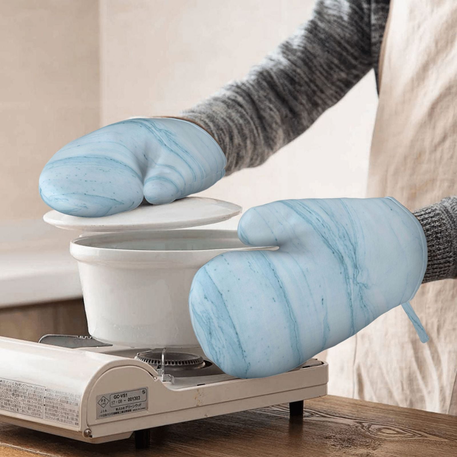 Hirioo Light Blue Marble for Silicone Oven Mitts for BBQ, Baking, Cooking, Set of 2, Heat Resistant 260℃, Non-Slip Kitchen Essentials