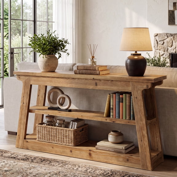 Finmind 63" Solid Wood Console Table with 3‑Tier Storage, Farmhouse Narrow Entryway Sofa Table for Living Room, Hallway, Brown