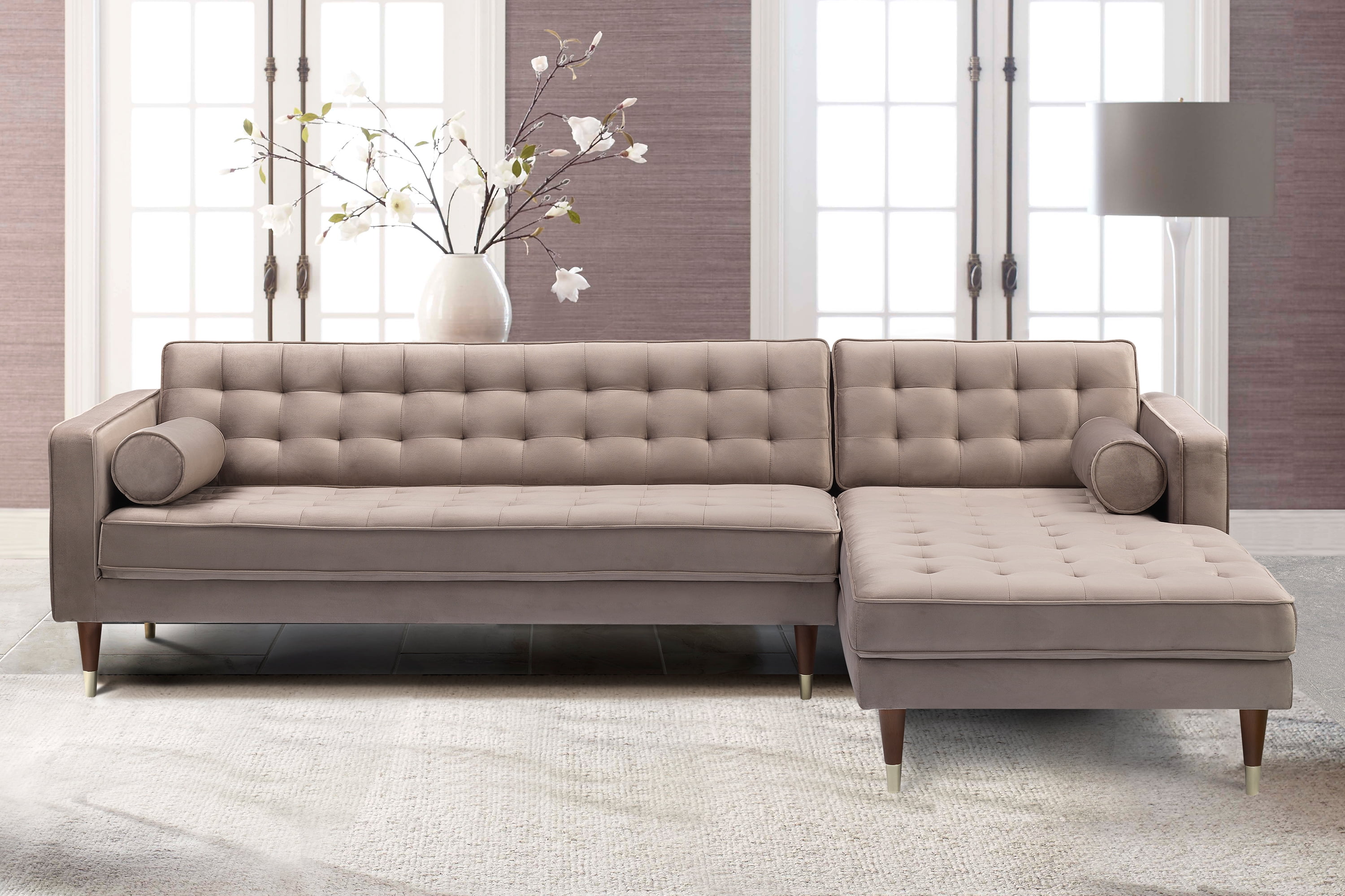 taupe velvet sofa living room