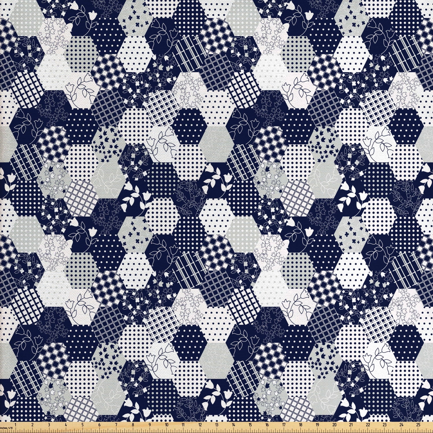 Navy Blue Fabric by The Yard, Octagon Patchwork Style Pattern Image