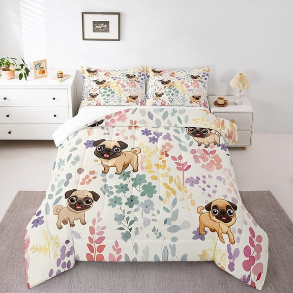 Cute Pug Twin Comforter Set,Rainbow Floral Dog Kawaii Bedding Set Pet Lover Gifts,Colorful Flower Leaves Quilt Bed Set Animal Print Bed Comforter