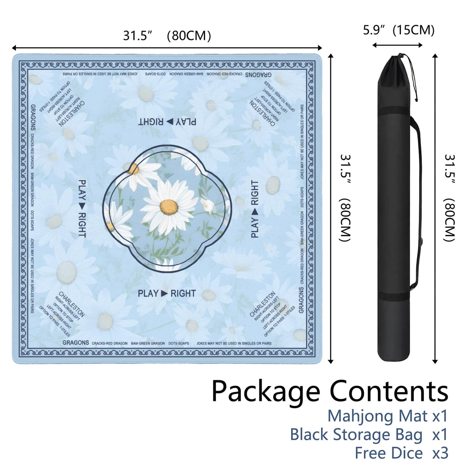 Daisy Mahjong Mat with Rules, 31.5*31.5in Anti Slip American Mahjong Mat for Table, Noise Reduction, Neoprene Mah jongg Mats with Carrying Bag & 3 Dices, Mahjong Supplies Gift, Board Tile Games Mats