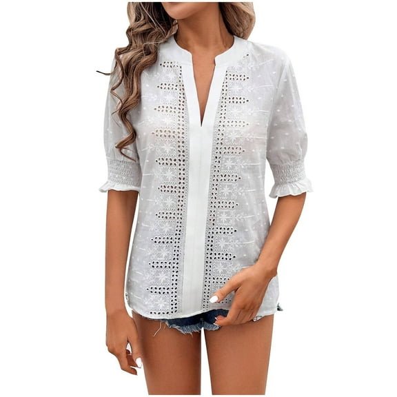 JIUKE Blouses for Women Dressy Casual Eyelet Short Sleeve Shirts V Neck Cute Loose Fitted Summer Top